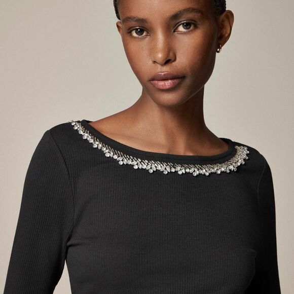 NWT J CREW Vintage rib boatneck T-shirt with embellishments in black - Picture 4 of 8